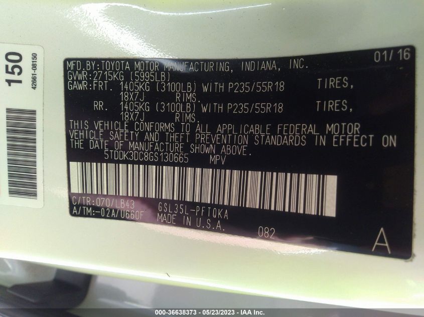 2016 TOYOTA SIENNA LTD - 5TDDK3DC8GS130665