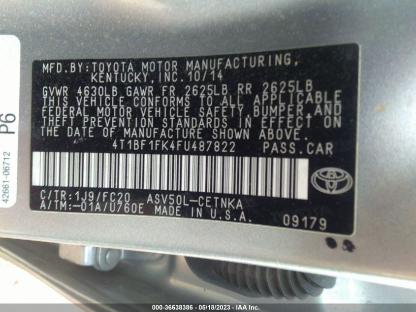 2015 TOYOTA CAMRY XLE/SE/LE/XSE - 4T1BF1FK4FU487822