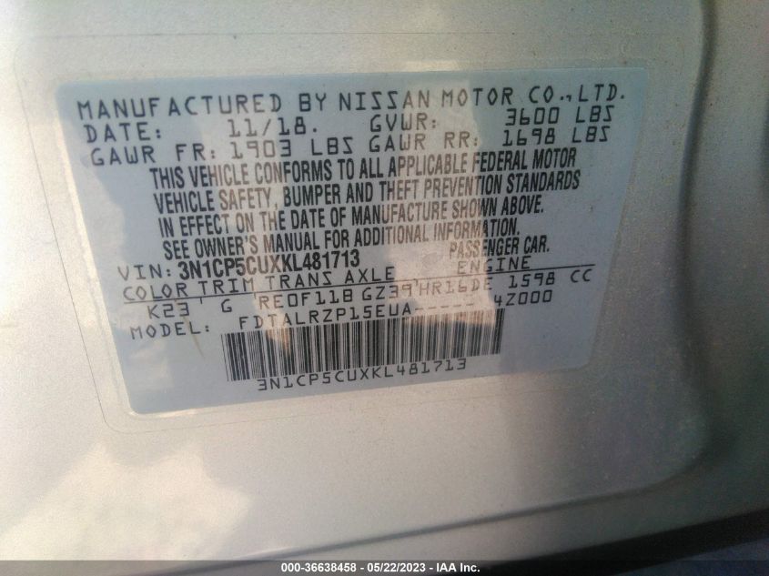 2019 NISSAN KICKS S - 3N1CP5CUXKL481713
