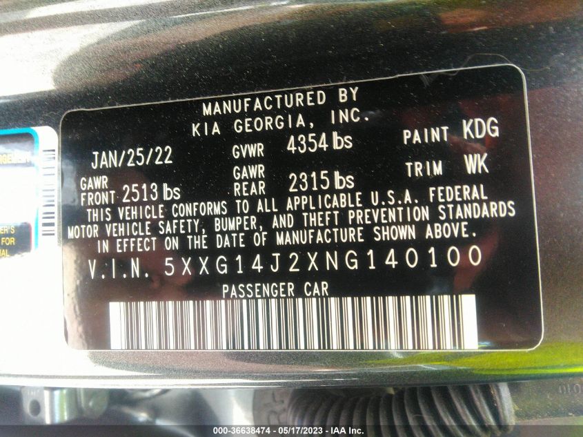 2022 KIA K5 LXS - 5XXG14J2XNG140100