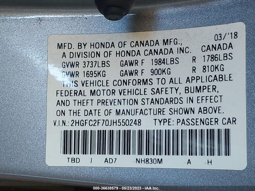 2018 HONDA CIVIC SEDAN EX - 2HGFC2F70JH550248
