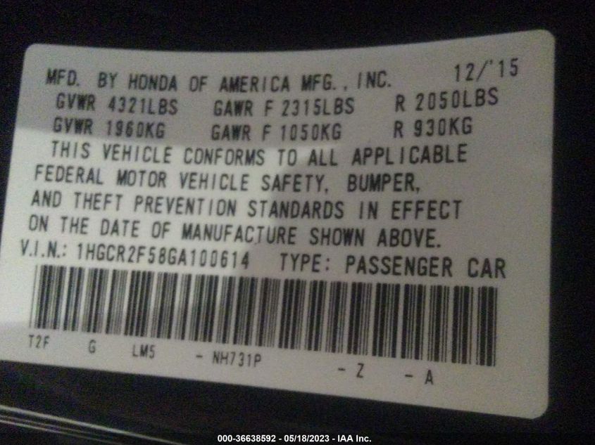 2016 HONDA ACCORD SEDAN SPORT - 1HGCR2F58GA100614