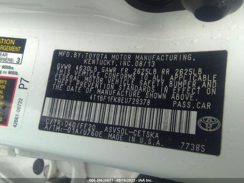 2014 TOYOTA CAMRY L/LE/XLE/SE/SE SPORT - 4T1BF1FK8EU729378