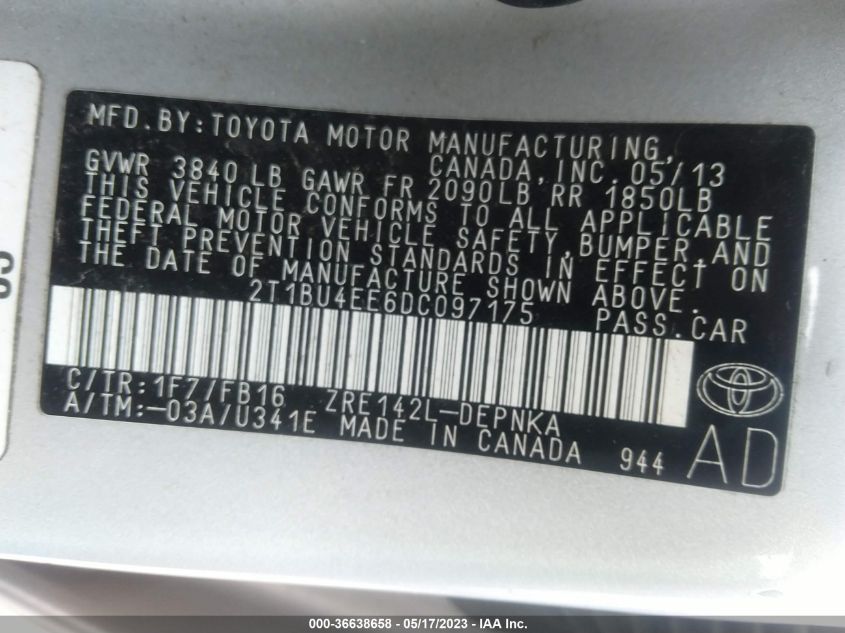 2013 TOYOTA COROLLA LE - 2T1BU4EE6DC097175