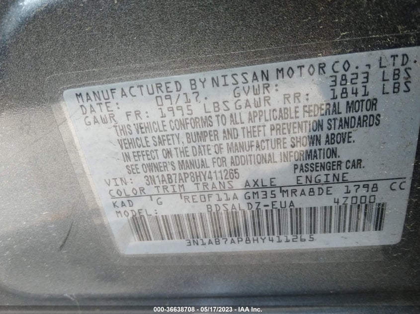 VIN 3N1AB7AP8HY411265 2017 NISSAN SENTRA SV