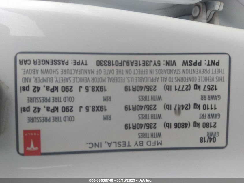 2018 TESLA MODEL 3 RANGE BATTERY - 5YJ3E1EA9JF018330