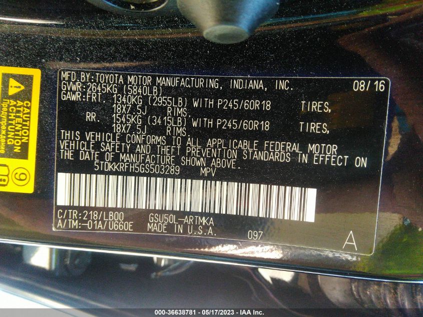 2016 TOYOTA HIGHLANDER XLE - 5TDKKRFH5GS503289