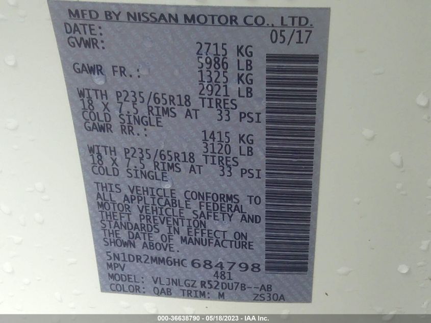 2017 NISSAN PATHFINDER SL - 5N1DR2MM6HC684798