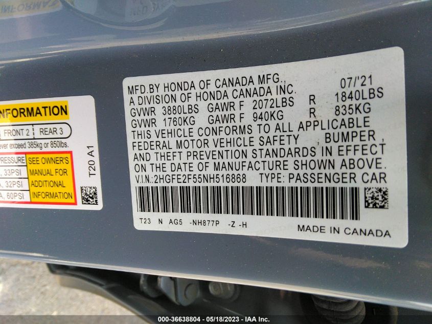 2022 HONDA CIVIC SEDAN SPORT - 2HGFE2F55NH516868
