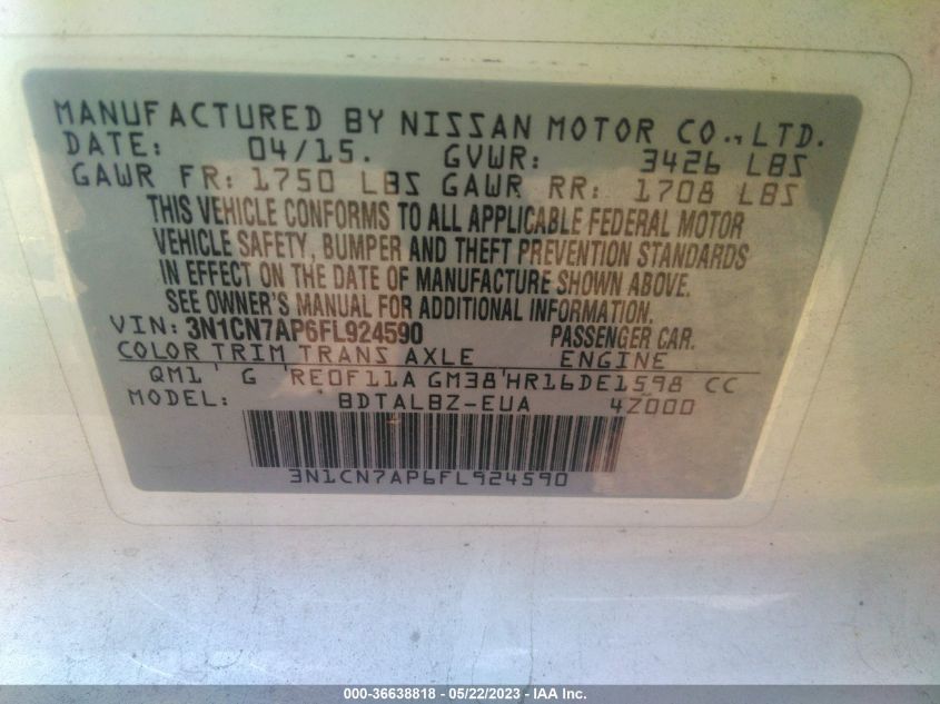 2015 NISSAN VERSA SV - 3N1CN7AP6FL924590