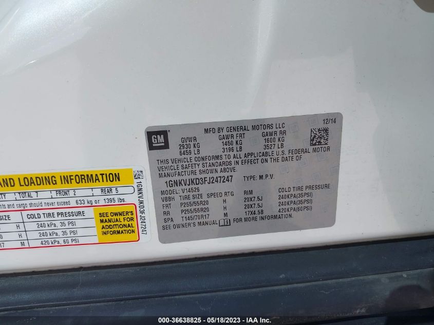 2015 CHEVROLET TRAVERSE LTZ - 1GNKVJKD3FJ247247