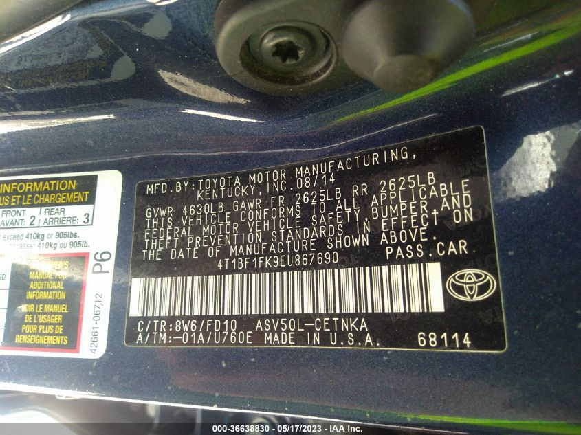 2014 TOYOTA CAMRY L/LE/XLE/SE/SE SPORT - 4T1BF1FK9EU867690