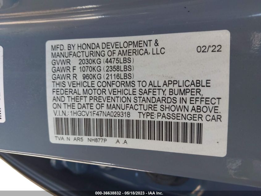 2022 HONDA ACCORD SEDAN SPORT SE - 1HGCV1F47NA029318