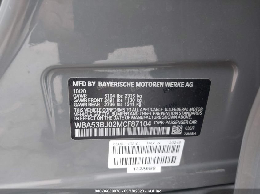 2021 BMW 5 SERIES 540I - WBA53BJ02MCF87104