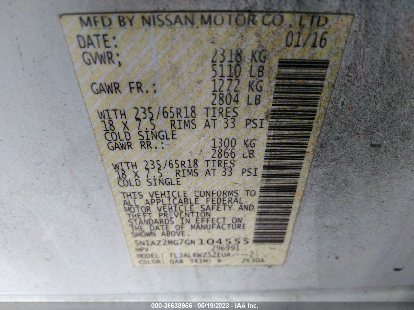 2016 NISSAN MURANO SL - 5N1AZ2MG7GN104555