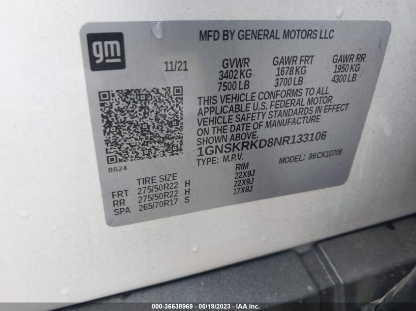2022 CHEVROLET TAHOE RST - 1GNSKRKD8NR133106