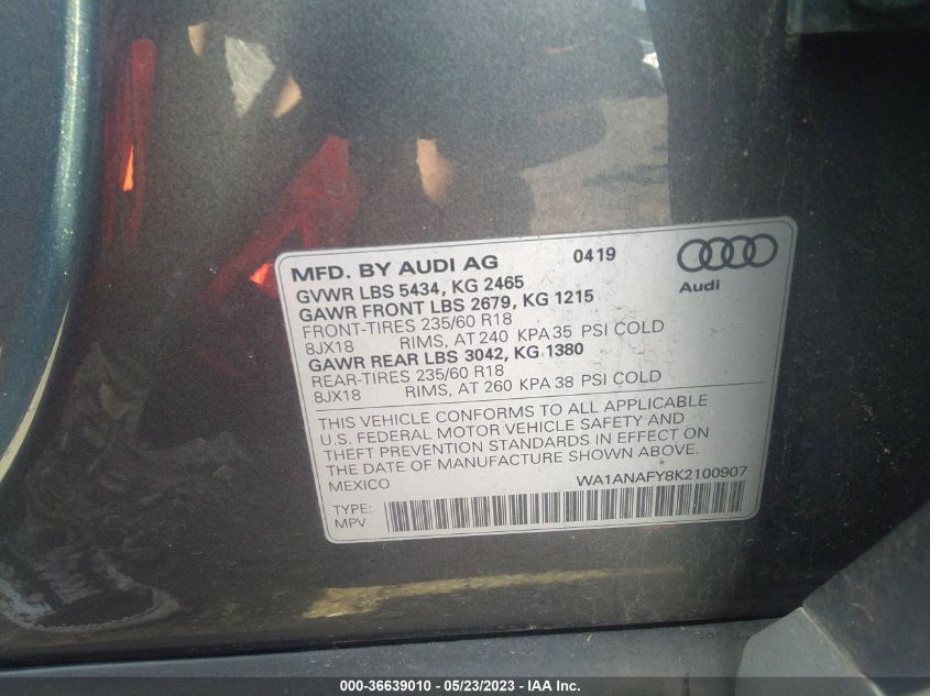 WA1ANAFY8K2100907 2019 AUDI Q5, photo no. 9