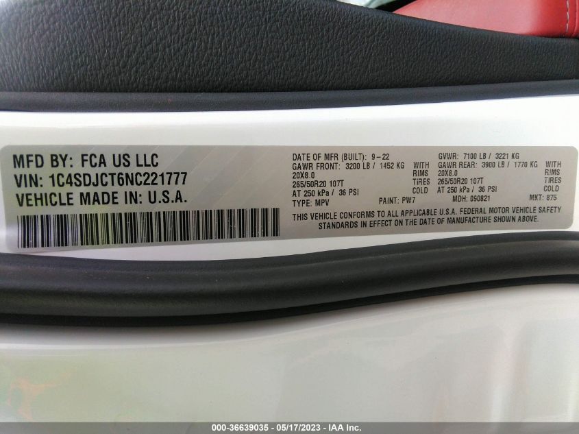 2022 DODGE DURANGO R/T - 1C4SDJCT6NC221777