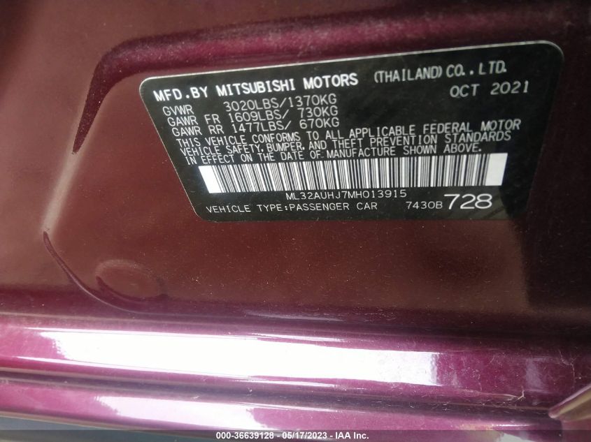 2021 MITSUBISHI MIRAGE ES/LE/CARBONITE EDITION - ML32AUHJ7MH013915