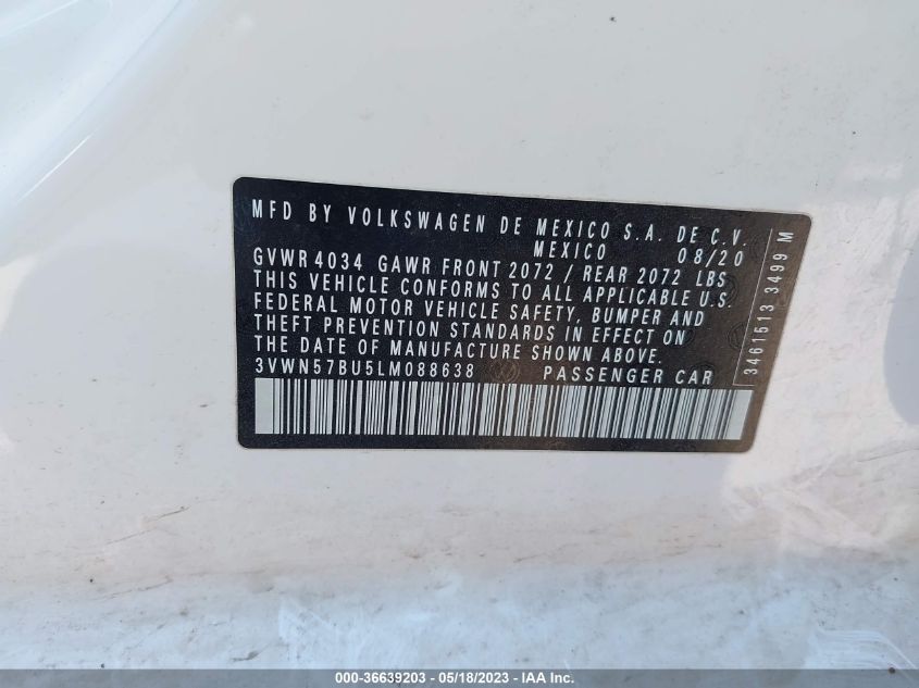 2020 VOLKSWAGEN JETTA S/R-LINE - 3VWN57BU5LM088638