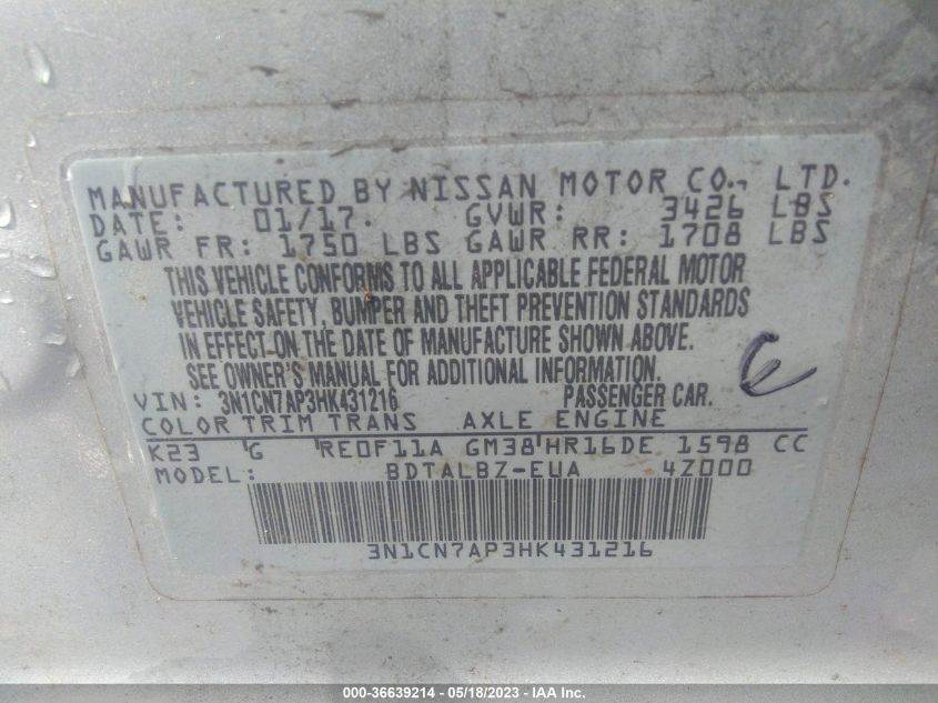 2017 NISSAN VERSA SEDAN SV - 3N1CN7AP3HK431216
