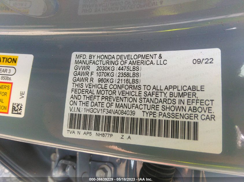 2022 HONDA ACCORD SEDAN SPORT - 1HGCV1F34NA084039