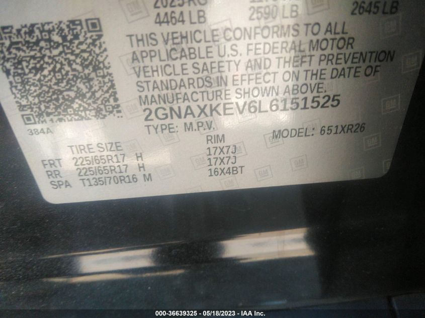 2020 CHEVROLET EQUINOX LT - 2GNAXKEV6L6151525