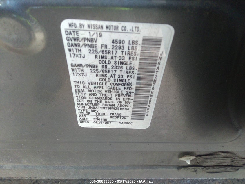 VIN JN8AT2MT9KW259683 2019 NISSAN ROGUE SV