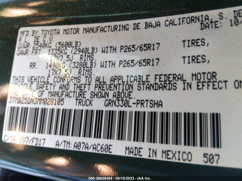 2021 TOYOTA TACOMA 2WD TRD SPORT - 3TMBZ5DN3MM028105