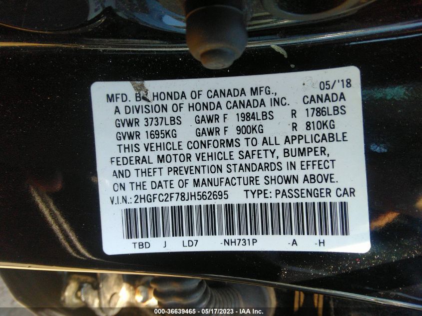 2018 HONDA CIVIC SEDAN EX - 2HGFC2F78JH562695
