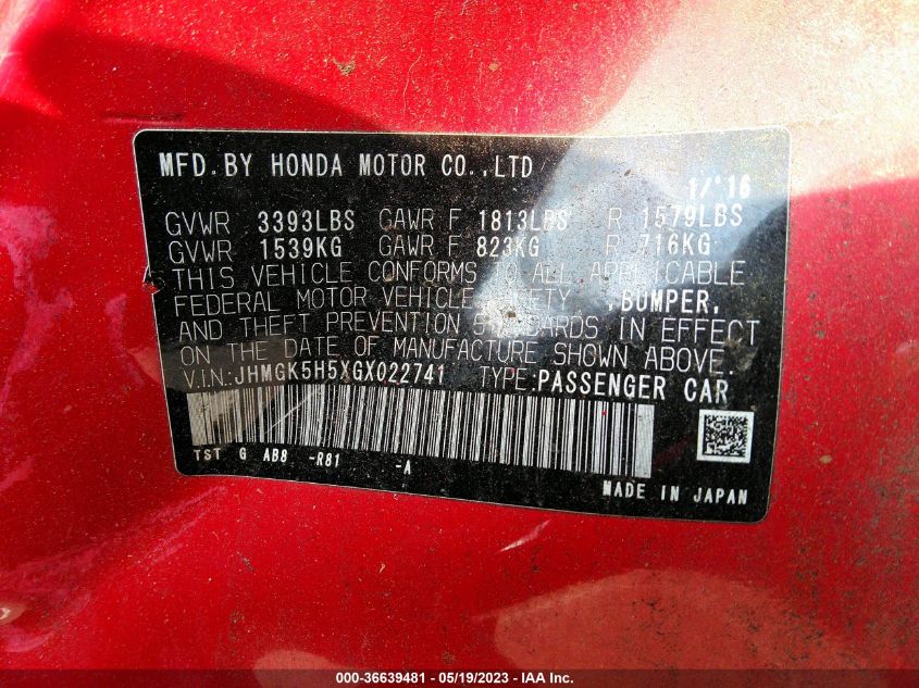 2016 HONDA FIT LX - JHMGK5H5XGX022741