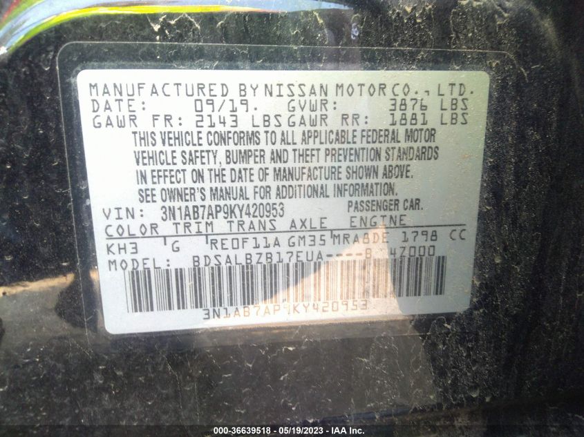2019 NISSAN SENTRA S - 3N1AB7AP9KY420953