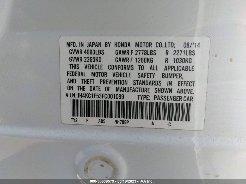 2015 ACURA RLX TECH PKG JH4KC1F53FC001089