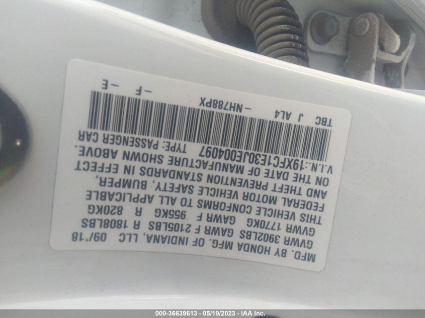 2018 HONDA CIVIC SEDAN EX-T - 19XFC1E30JE004097