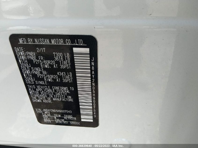 2017 NISSAN ARMADA SL - JN8AY2ND5H9007543