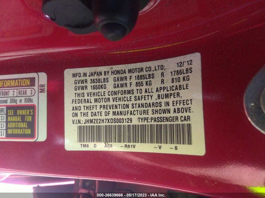 2013 HONDA INSIGHT EX JHMZE2H7XDS003129