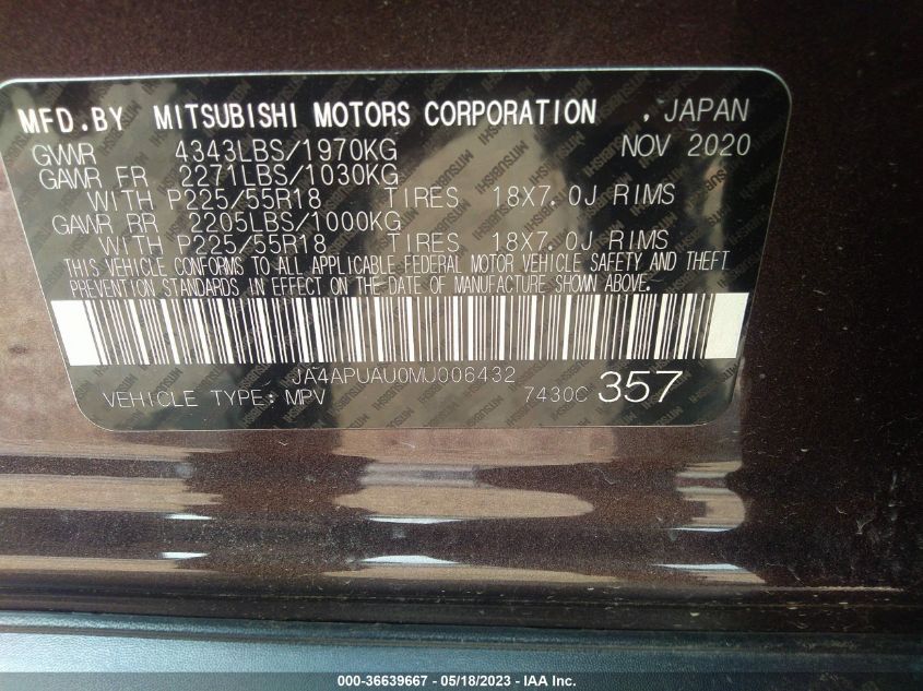 2021 MITSUBISHI OUTLANDER SPORT ES/LE/BE/S - JA4APUAU0MU006432