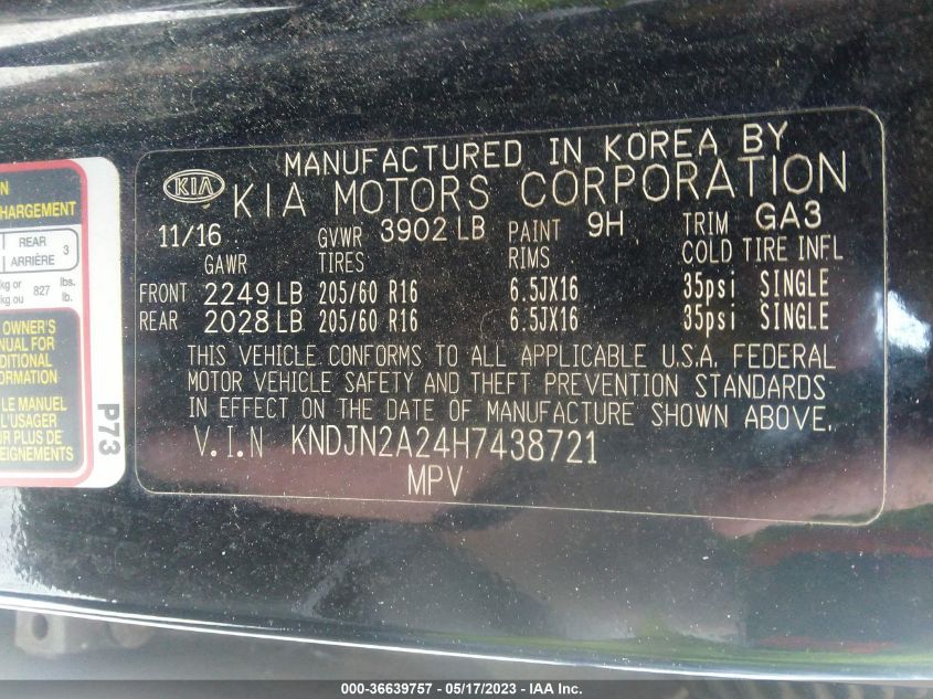 2017 KIA SOUL BASE - KNDJN2A24H7438721