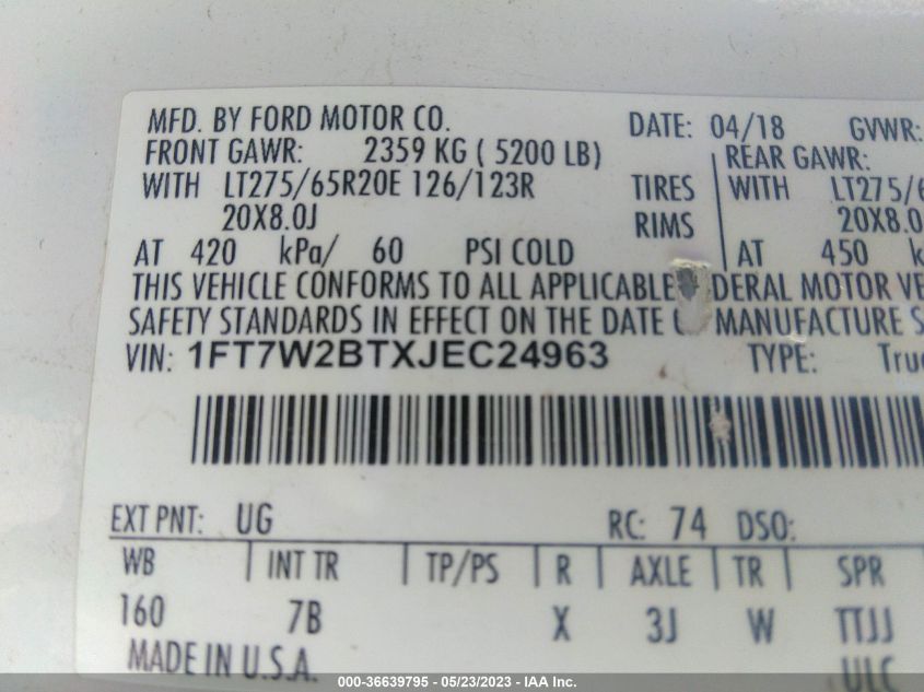 2018 FORD SUPER DUTY F-250 SRW XL/XLT/LARIAT - 1FT7W2BTXJEC24963