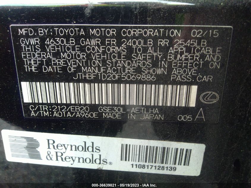 2015 LEXUS IS 250 - JTHBF1D20F5069886