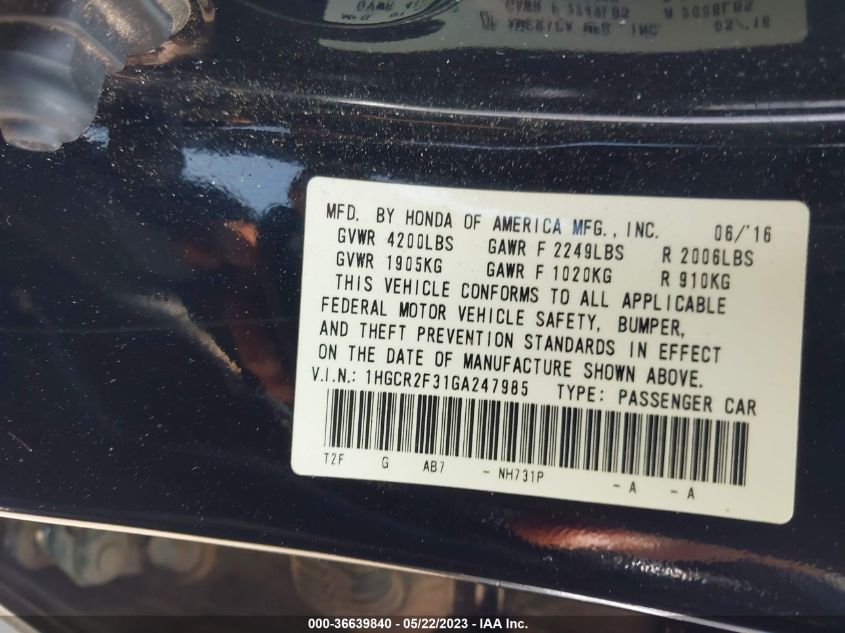 2016 HONDA ACCORD SEDAN LX - 1HGCR2F31GA247985