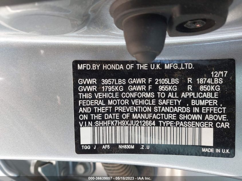 2018 HONDA CIVIC HATCHBACK SPORT TOURING - SHHFK7H9XJU212664