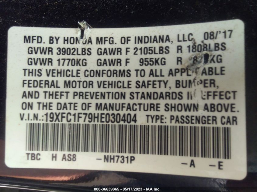 2017 HONDA CIVIC SEDAN EX-L - 19XFC1F79HE030404