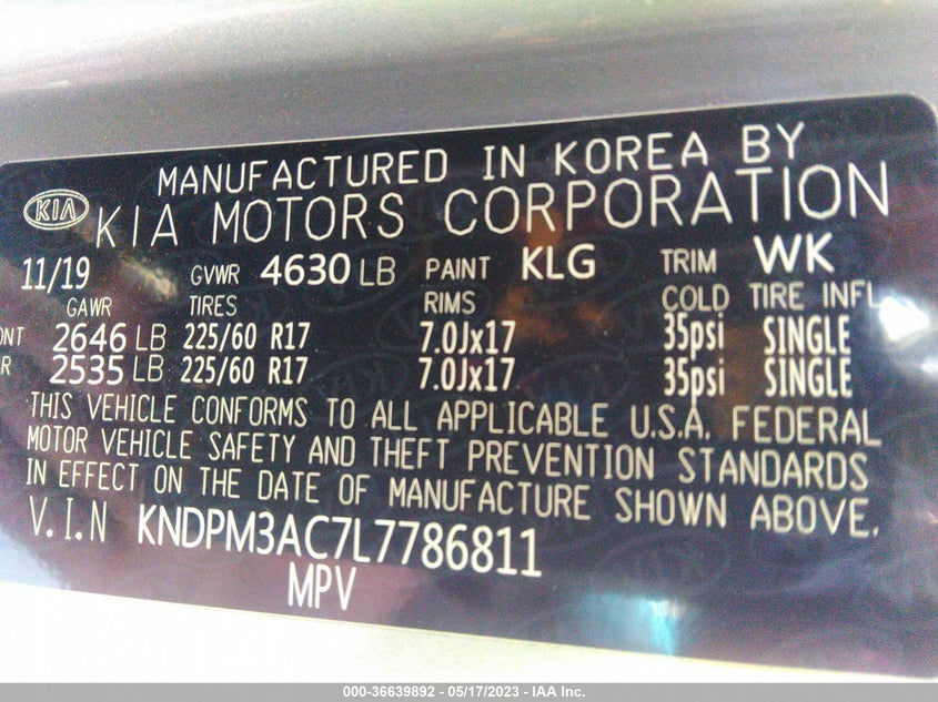 VIN KNDPM3AC7L7786811 2020 KIA SPORTAGE LX
