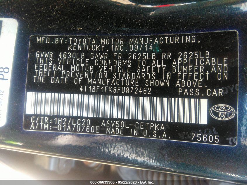 2015 TOYOTA CAMRY XLE/SE/LE/XSE - 4T1BF1FK8FU872462