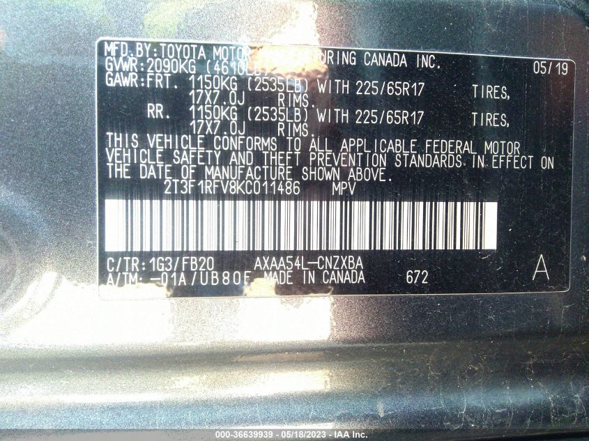 2019 TOYOTA RAV4 LE - 2T3F1RFV8KC011486