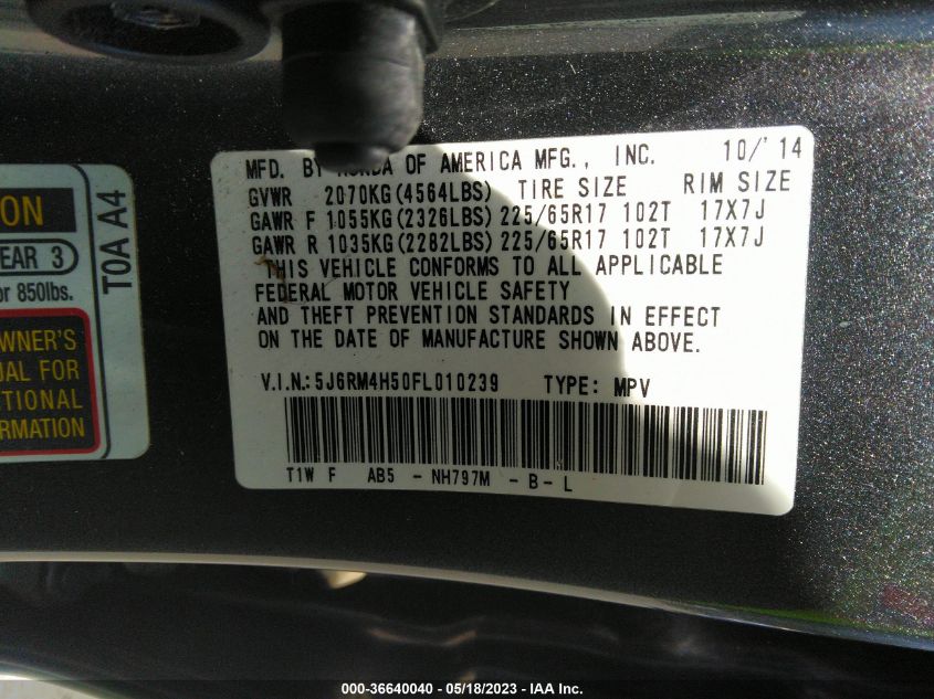 2015 HONDA CR-V EX - 5J6RM4H50FL010239