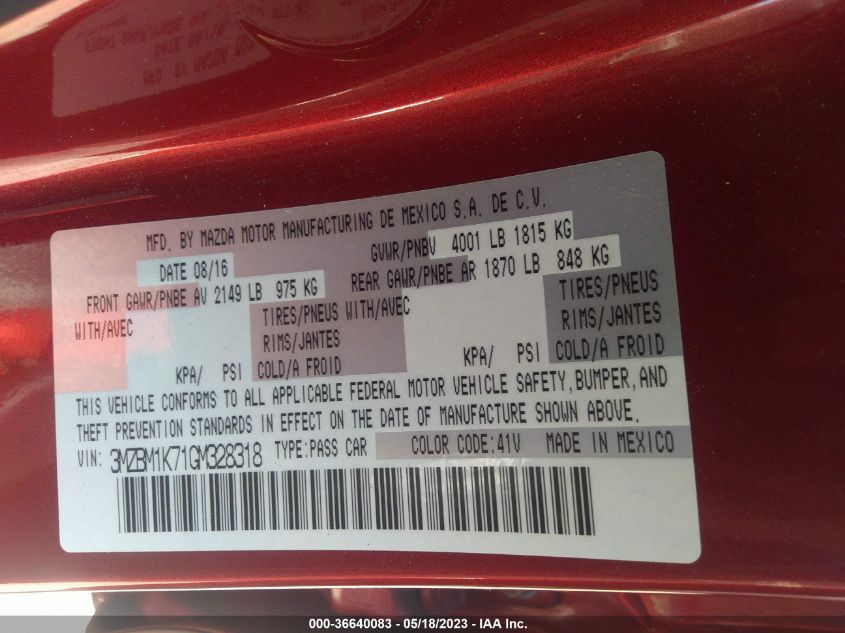 2016 MAZDA MAZDA3 I SPORT - 3MZBM1K71GM328318