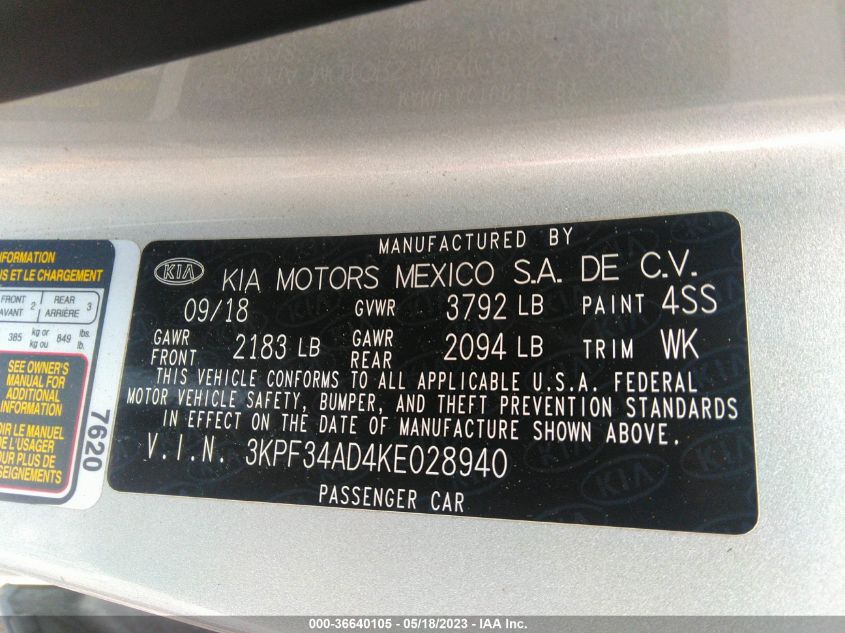2019 KIA FORTE S - 3KPF34AD4KE028940