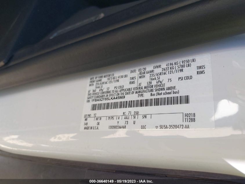 2020 FORD TRANSIT PASSENGER WAGON XL/XLT 1FBAX2Y85LKA45969